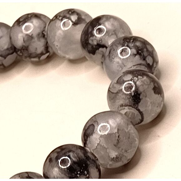 Vintage Natural Stone Beads of Black, Gray an White Snowflake Patterned Bracelet - Picture 2 of 6